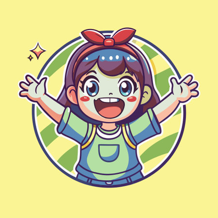 Enthusiastic Cartoon Girl with Open Arms Expressing Joyのイラスト素材