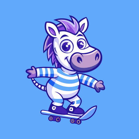 Cute cartoon zebra rides a skateboard. Vector illustration.のイラスト素材
