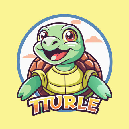 Vibrant Cartoon Turtle Mascot with Vector Logo Design, Smiling and Wavingのイラスト素材