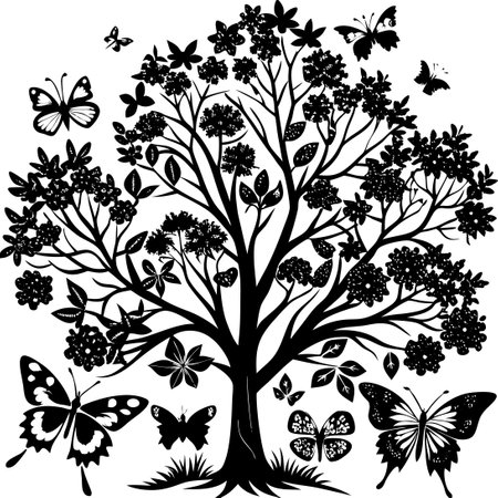 vector tree with flowers and butterflies, isolated on a white background.のイラスト素材