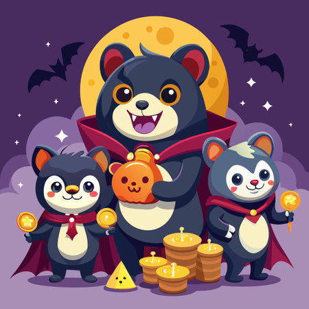 Adorable Illustrations of Vampire Bears in Cute Posesのイラスト素材