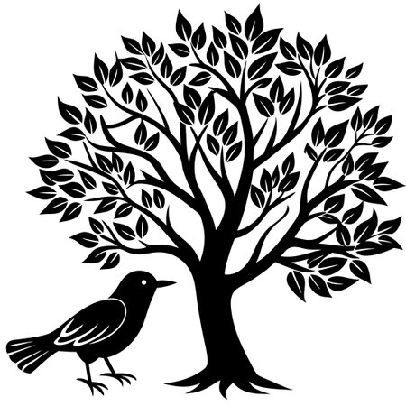 Monochromatic Symphony of Nature: Bird and Tree Captured in Black and Whiteのイラスト素材