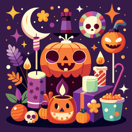 Spooky Halloween Collage with Pumpkins and Festive Decorのイラスト素材