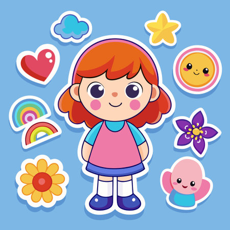 Charming Set of Digital Stickers Featuring an Adorable Little Girl in Various Posesのイラスト素材