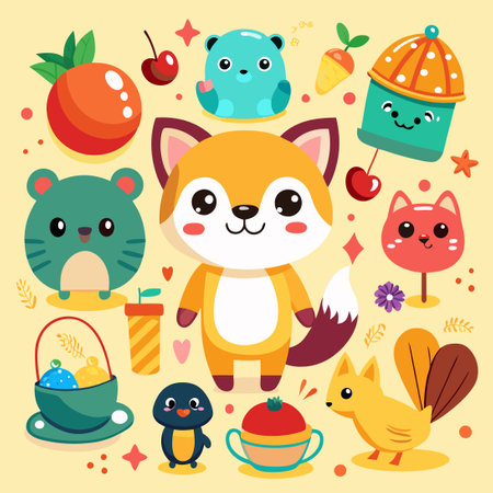 An Assortment of Adorable Cartoon Animals and Objectsのイラスト素材
