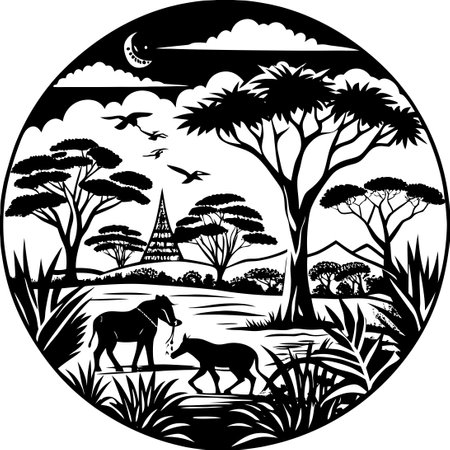 Majestic African Savannah Landscape in Monochromeのイラスト素材