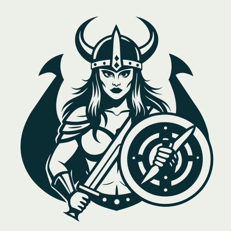 Fierce Female Viking Warrior Poised for Battle with Sword and Shieldのイラスト素材