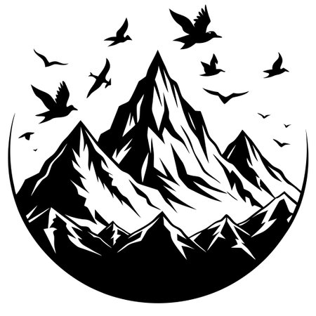 Silhouette of a Mountainous Landscape with Soaring Birds at Sunsetのイラスト素材