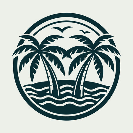 Vectorized Beach Logo with Palm Trees and Ocean Wavesのイラスト素材