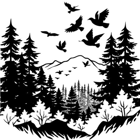 Serene Symphony of Birds Gliding Over Misty Woodland's Embraceのイラスト素材