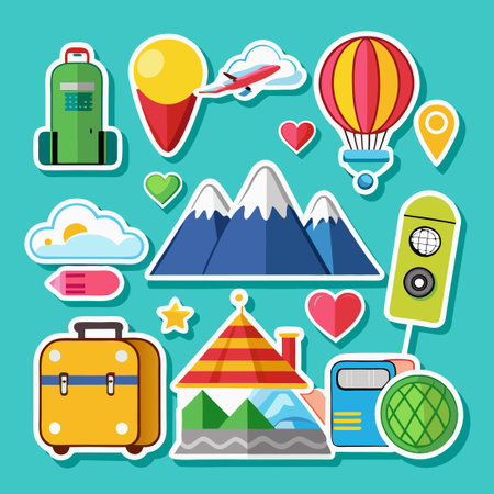 Eye-Catching Cartoon Travel Sticker Set with Vibrant Illustrationsのイラスト素材
