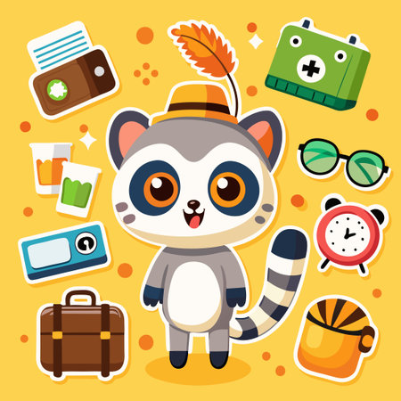 Whimsical Lemur Stickers Adorned with Travel Accessoriesのイラスト素材