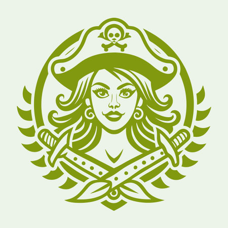 Vintage Linocut Logo Featuring a Fierce Female Pirate Crossed with Badgeのイラスト素材