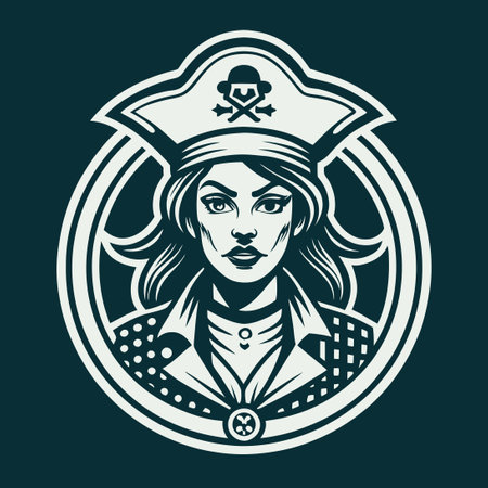 Vintage Emblem Featuring a Crossed Pirate Sword and Badge with a Female Pirate Silhouetteのイラスト素材
