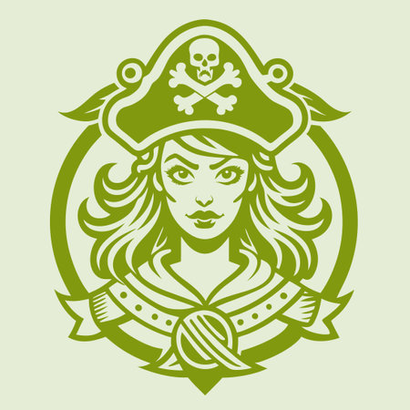 Vintage Pirate Woman Emblem with Crossed Swords and Badge Designのイラスト素材