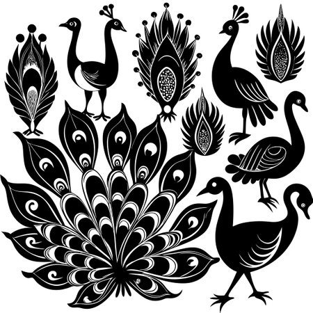 Surreal Flat Peacock Silhouettes Adorned with Graceful Feathers in Vibrant Huesのイラスト素材