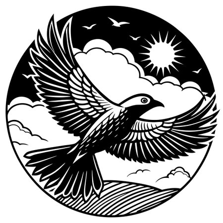 Silhouette of Flying Birds Against a Vibrant Sunset Sky with a Distant View of the Horizonのイラスト素材