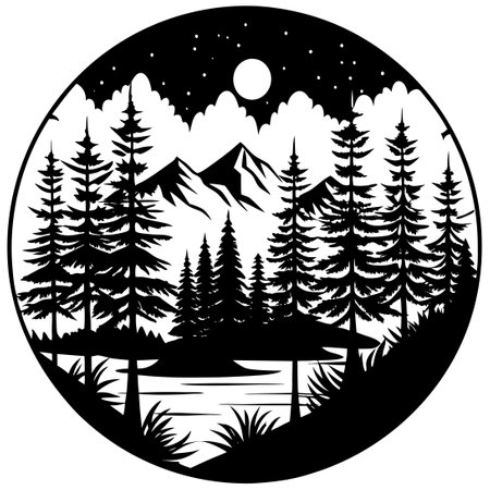 Enchanting Forest Landscape Silhouette with Three Majestic Treesのイラスト素材