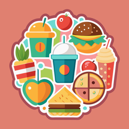 Colorful Food and Drink Stickers for Creative Expressionsのイラスト素材