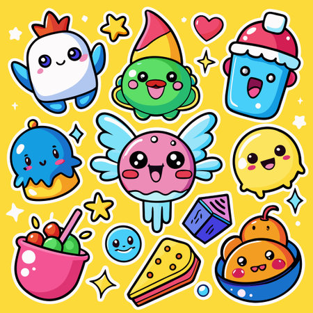 Kawaii Cartoon Sticker Doodle Collection for Creative Expressionsのイラスト素材