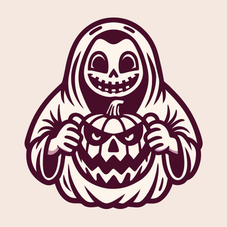 Spooky Ghost Holding a Carved Pumpkin with Ghastly Face Vector Logoのイラスト素材