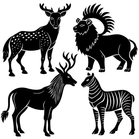 Hand-Drawn Animal Silhouettes in Intricate Detail (Set of 7)のイラスト素材