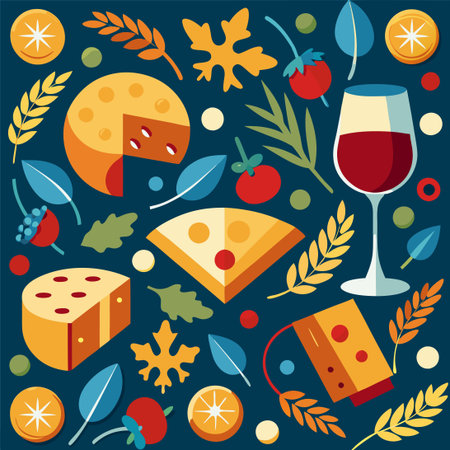 Decorative Pattern Featuring Cheese, Grapes, and Wine Bottlesのイラスト素材