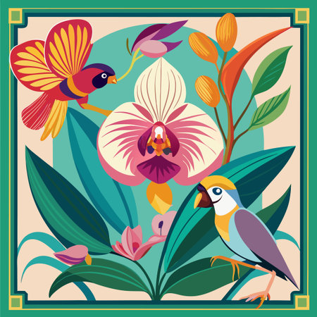 Enchanting Exotic Orchid Flower Embellished with Graceful Birdsのイラスト素材