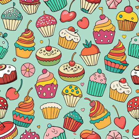Seamless Pattern Featuring Sweet and Tasty Cupcakes in Vibrant Colorsのイラスト素材