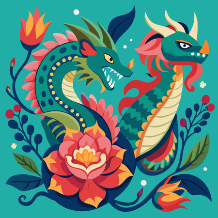 Majestic Dragon Adorned with Flowers and Companionship (3)のイラスト素材