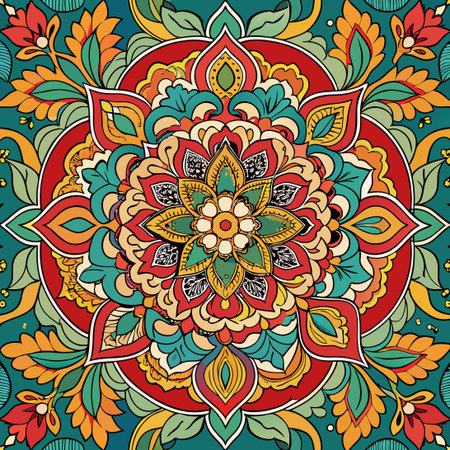 Traditional Islamic Mughal Hand-Drawn Decorative Motif in Vibrant Huesのイラスト素材