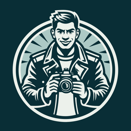 Black-and-White Male Photographer Holding a Camera Vector Logo