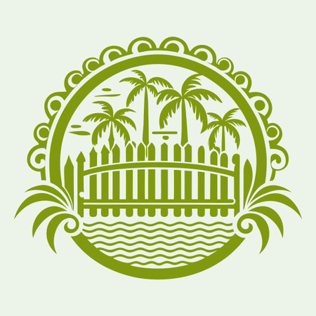 Contemporary Fence Silhouette with Palm Beach Vector Illustrationのイラスト素材