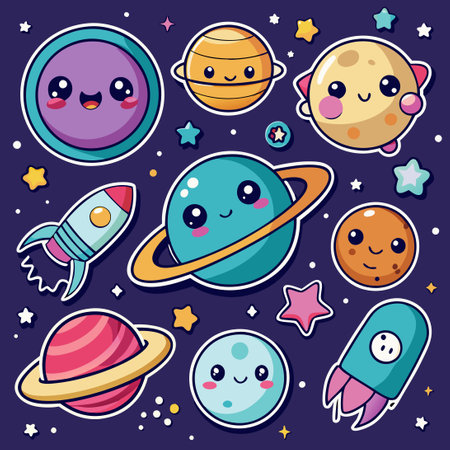 Enchanting Outer Space Kawaii Sticker Set for Galactic Explorationsのイラスト素材