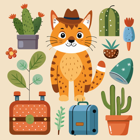 Adorable Cartoon Lynx Stickers with Suitcases Bringing Travel Funのイラスト素材