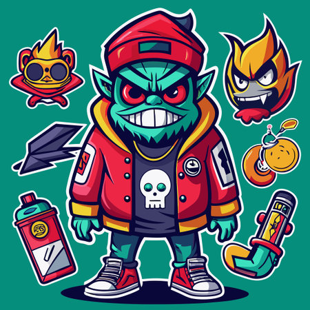 Seven Captivating Street Art Cartoon Illustrations for T-shirt Designsのイラスト素材