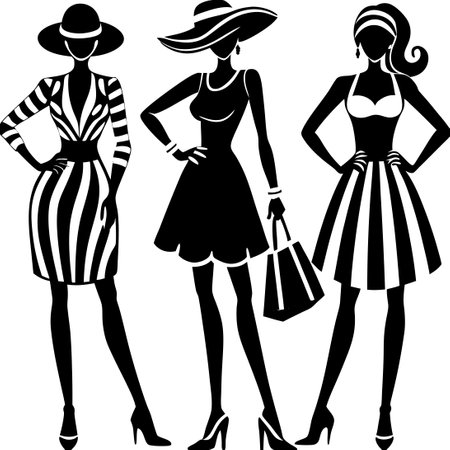 Set of Three Graceful and Fashionable Female Silhouettes in Various Posesのイラスト素材