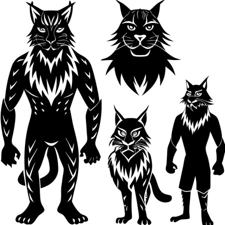 Intricate Silhouette of a Lynx Family Against a White Backgroundのイラスト素材