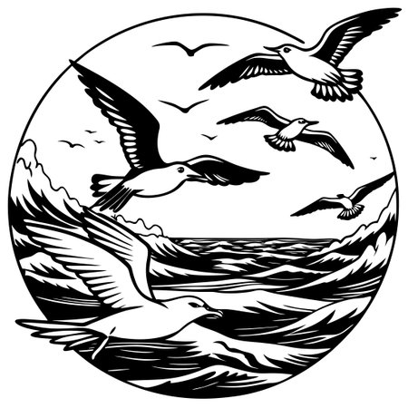 Majestic Flight of Seagulls against the Sunset's Golden Skyのイラスト素材