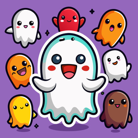 Adorable Cartoon Ghost Sticker Set Featuring Five Unique Designsのイラスト素材
