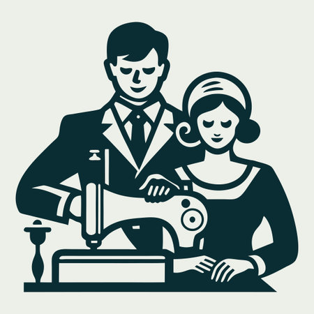 Vector Illustration of a Tailor Woman Sewing with a Needle and Threadのイラスト素材