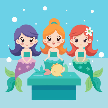 The Alluring Little Mermaids Resting on the Top of a Coral Reefのイラスト素材