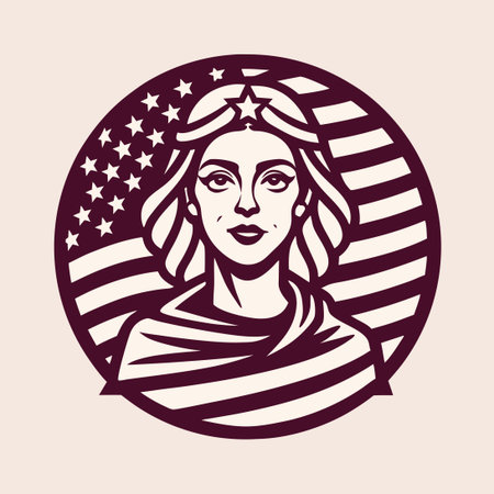 Patriotic Female Figure Draped in American Flag Vector Logo in Black and Whiteのイラスト素材