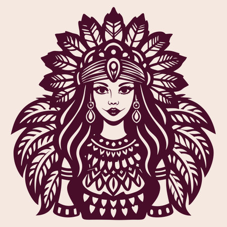 Feathered Headdress-Adorned Woman with Long Flowing Hairのイラスト素材