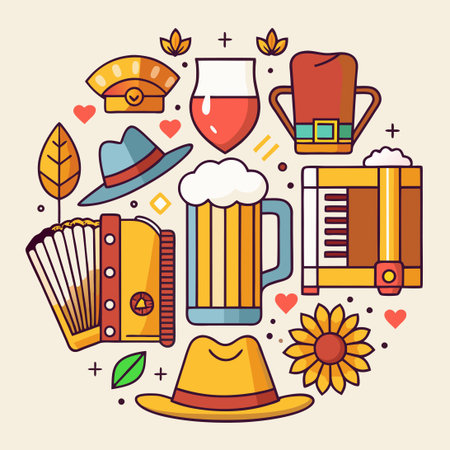 Bavarian Beer Fest Icon Collection Featuring Iconic Craft Beer and Hatのイラスト素材