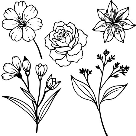 Exquisite Botanical Collection of Detailed Flowers and Greeneryのイラスト素材