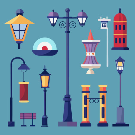 Assortment of Distinctive Street Lights and Lanterns Adorning Urban Spacesのイラスト素材