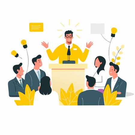 Conceptual Illustration of a Conference with Digital Connectivity and Idea Exchangeのイラスト素材