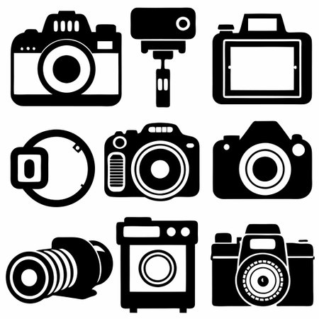 Comprehensive Collection of Digital Photography Equipment Line Art Iconsのイラスト素材