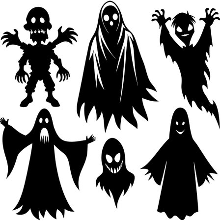 Silhouette Set of Eerie Ghosts and Spooks in Black and Whiteのイラスト素材